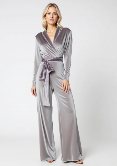 BARODA Silberfarbener jumpsuit mit langen Ärmeln aus Stretch-Samt