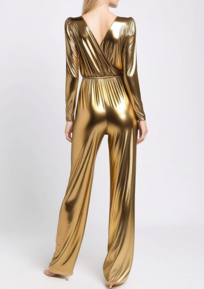 MINA gouden jumpsuit met lange mouwen en rechte broek