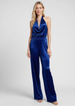 ARCA Blue Navy-Samtjumpsuit mit tiefem Ausschnitt und halbbedecktem Rücken