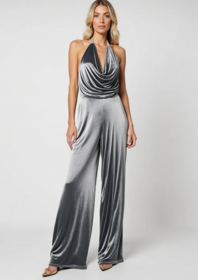 CLARA light silver velvet jumpsuit with drop neck with semi-covered back