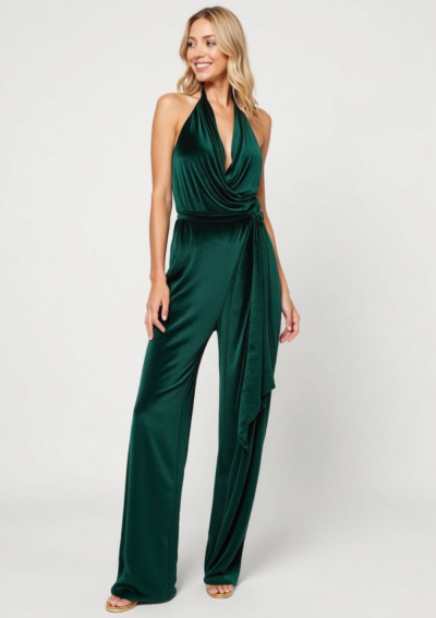 ESME jumpsuit aus grünem Samt mit tiefem Kragen und halbbedecktem Rücken