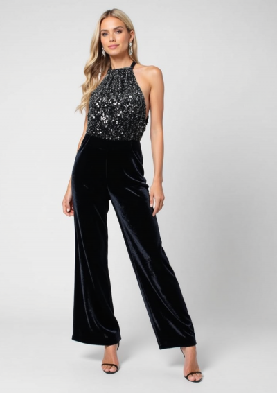 TORCHA Combinaison élégante noire à sequins en tissu stretch