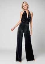 POLA Black velvet jumpsuit with drop neck with semi-covered back