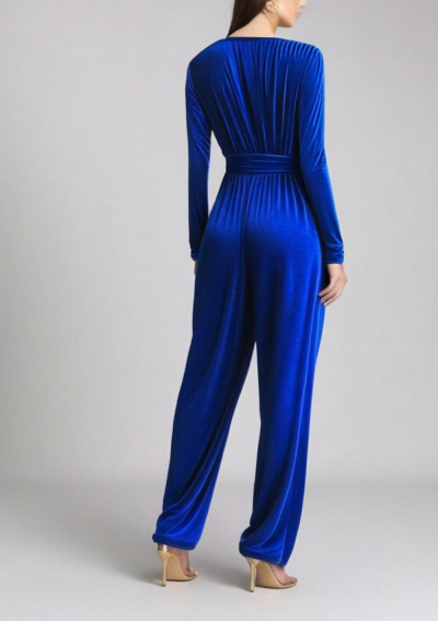 ROYALE blue jumpsuit with long sleeves in stretch velvet