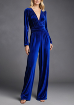 ROYALE blauer Stretch-Samt-jumpsuit mit langen Ärmeln