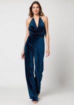 "SABA" -Dark petrol velvet jumpsuit with drop neck with semi-covered back