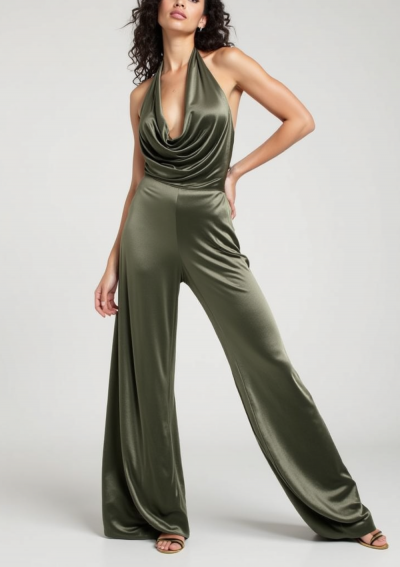 OLIVIA groene fluwelen jumpsuit met verlaagde hals en halfbedekte rug