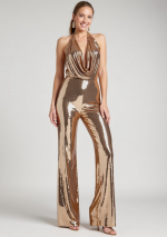 KOKI Gold sequin jumpsuit with dropped neckline and semi-covered back