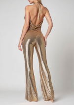 KOKI Gouden jumpsuit met pailletten, verlaagde halslijn en half bedekte achterkant