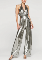 META Silver metallic jumpsuit in lame with v halter neckline