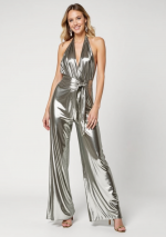 META Silberfarbener Metallic-Overall in Lame mit V-Neckholder-Ausschnitt