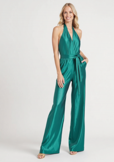VALLE metallic groen lamé jumpsuit met halternek