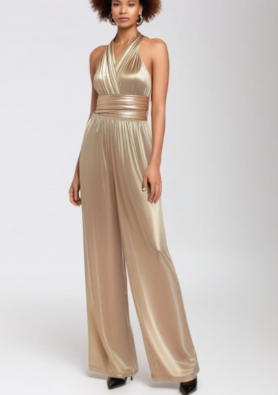 LOMA metallic gold lame halter neck jumpsuit