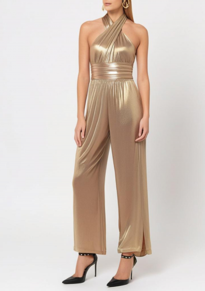 LOMA metallic gold lame halter neck jumpsuit