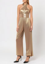 LOMA metallic gouden lamé jumpsuit met halternek