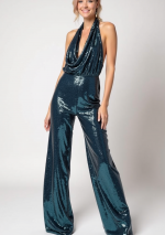 TALE Blauwe jumpsuit met pailletten, verlaagde halslijn en half bedekte achterkant
