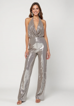 KITA Silver sequin jumpsuit with dropped neckline and semi-open back