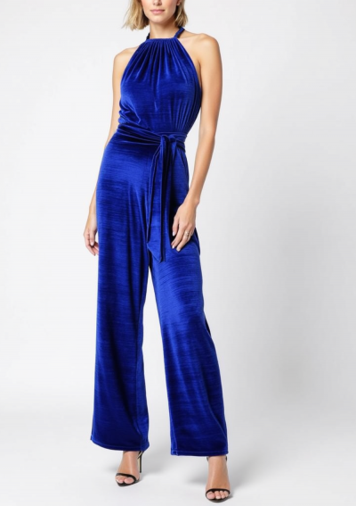 MAXIMA Combinaison bleu cobalt en velours stretch, détail col froncé et jambes droites boot-cut