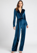 REALEZA Dark blue petrol jumpsuit with long sleeves in stretch velvet