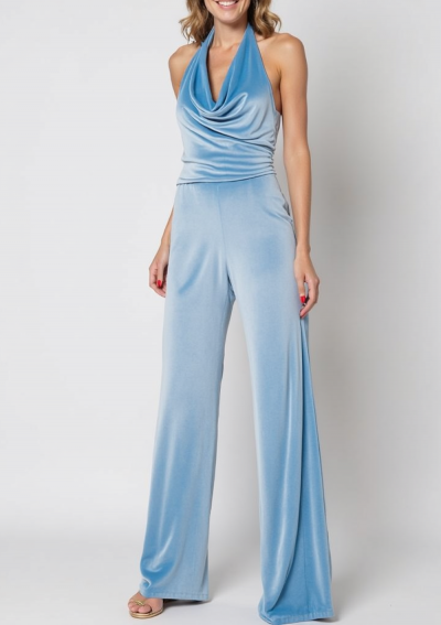 AQUA-Jumpsuit aus Samt mit tiefem Ausschnitt und halbbedecktem Rücken