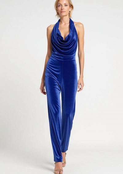 XUANA Combinaison en velours bleu cobalt à col tombant et dos semi-recouvert