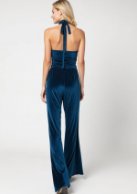 "SABA" -Donker petrol fluwelen jumpsuit met verlaagde hals en halfbedekte rug