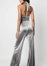 CLARA light silver velvet jumpsuit with drop neck with semi-covered back