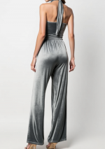 PLATA Dark grey velvet jumpsuit with drop neck with semi-covered back