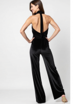 POLA Zwart fluwelen jumpsuit met verlaagde halslijn en halfbedekte rug