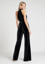 NEKO black jumpsuit in stretch velvet, ruched neck detail and straight boot-cut legs