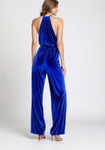 MAXIMA cobalt blue jumpsuit in stretch velvet, ruched neck detail and straight boot-cut legs