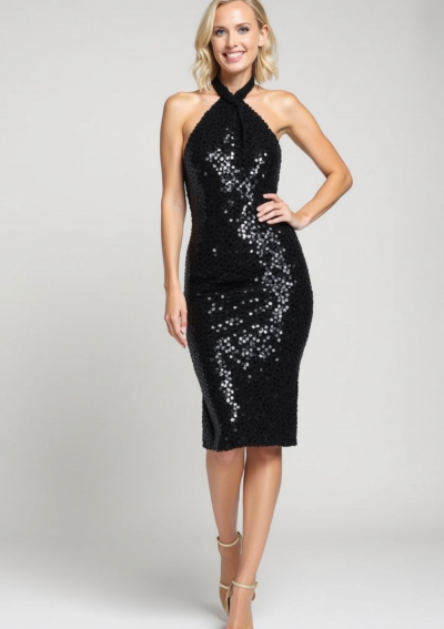 LETI Vestido corto de cuello halter negro de lentejuelas negros