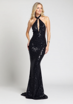 JUNO Long dress with stretch sequin uncovered at the back (V-cut)