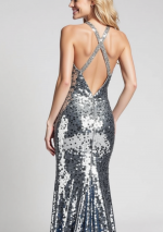 GAIA Long silver sequin dress with deep V-neckline