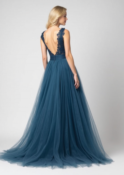 HERA Vestido largo azul petroleo oscuro, corte en v en brocado con falda de tul