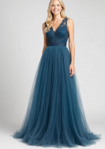 HERA Robe longue pétrole foncé, coupe V en brocart avec jupe en tulle