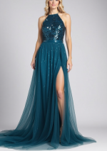 TAMAR Long dress with stretch sequin top uncovered at the back with semi-round tulle skirt