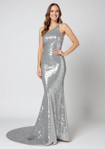 HESTIA One Shoulder Asymmetrical Silver Long Dress