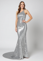 HESTIA Silbernes, asymmetrisches, schulterfreies langes Kleid