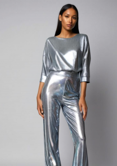 NAFISSA Silver long sleeve jumpsuit with straight boot pants