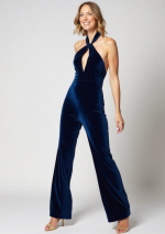 OCEANO donkerblauwe fluwelen jumpsuit met halterhals