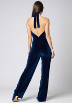OCEANO dark blue velvet jumpsuit with halter neck