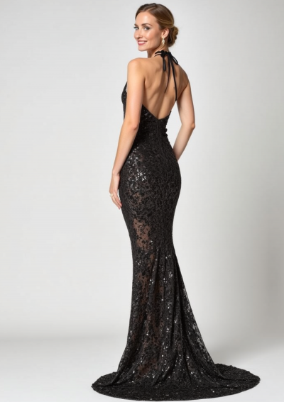 TOMOA Robe longue composée d'un haut à sequins autour du cou et d'une jupe en dentelle noire