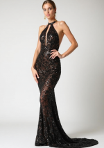 TOMOA Vestido largo con top de lentejuelas al cuello y falda de encaje negra