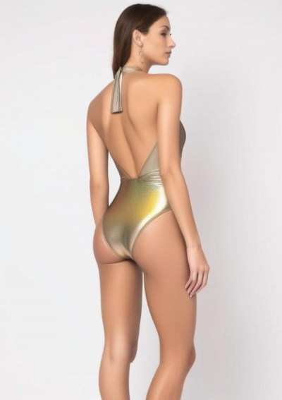GUDA Gold Halter One Piece Swimsuit with Holographic Print