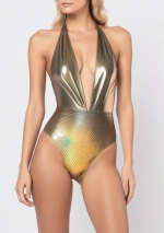 GUDA Gouden halterbadpak uit één stuk met holografische print