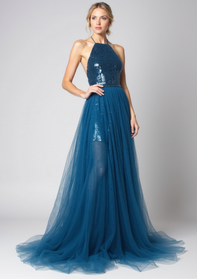 NINA Langes Kleid mit elastischem Paillettenoberteil, das hinten mit einem halbrunden Tüllrock bedeckt ist