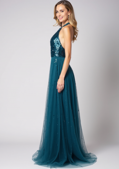 TAMAR Long dress with stretch sequin top uncovered at the back with semi-round tulle skirt