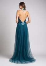 TAMAR Vestido largo con top de lentejuelas elásticas descubierto en la espalda con falda semicircular de tul