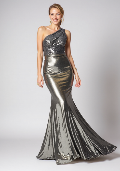 ROMINA Robe longue plissée à paillettes et lame asymétrique